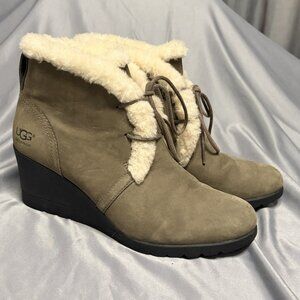 UGG Jeovana Lace-up Fur-Lined Wedge Ankle Boot Chestnut Suede Waterproof Size 8